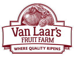 Logo of Van Laar's Fruit Farm featuring an apple and raspberry, emphasizing quality and freshness in fruit production.