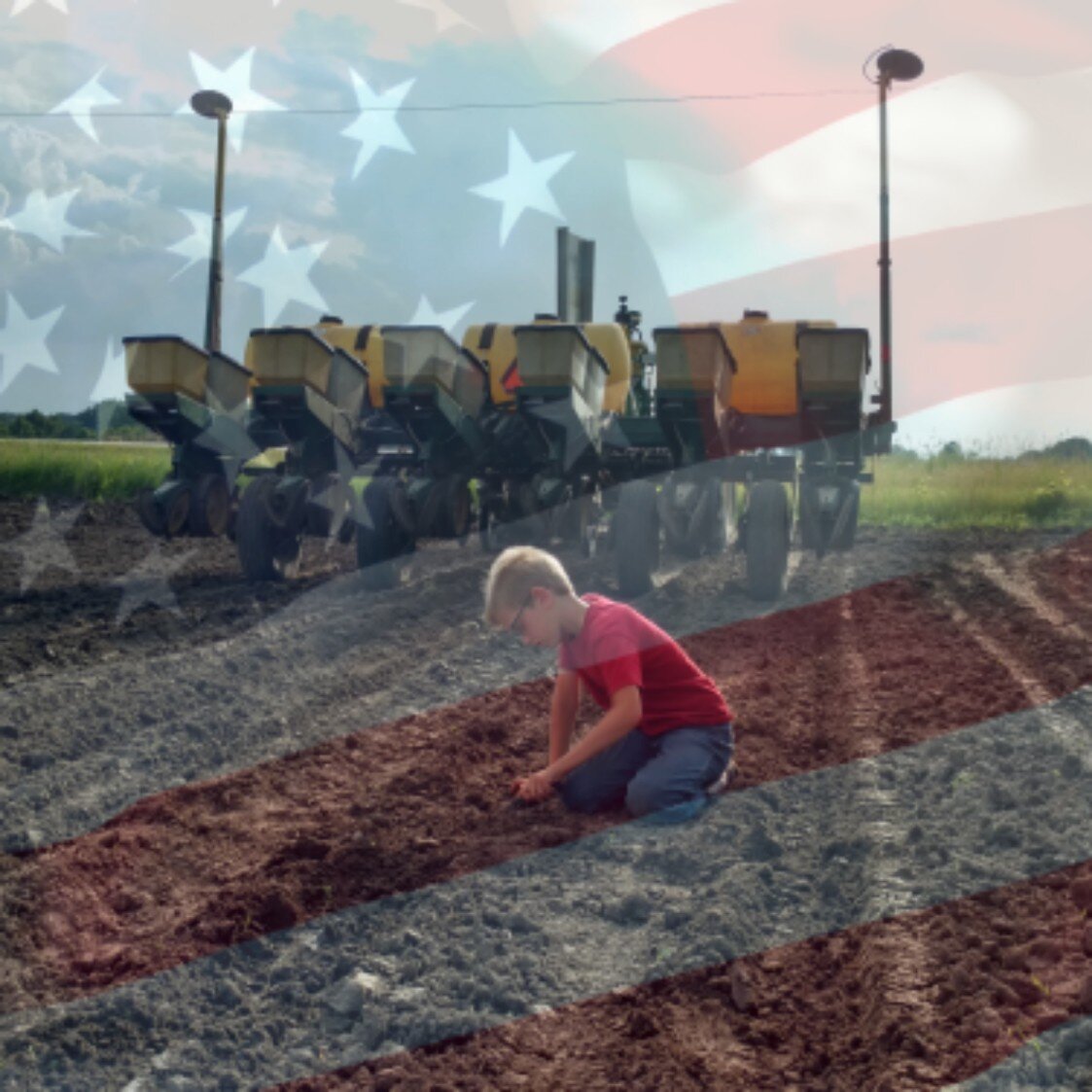 Young boy planting seeds in a field with farming equipment in the background, overlaid with a translucent American flag.
