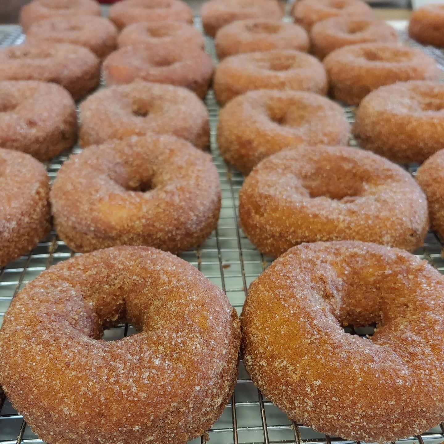Freshly baked cinnamon sugar donuts cooling on a wire rack, showcasing a golden-brown color and a sugary coating. Perfect for dessert lovers seeking delicious treats.
