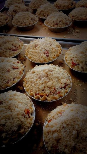 Van+Laar's+Fruit+Farm+Illinois+-+3094 Freshly baked mini fruit pies topped with a crumbly streusel, arranged on a baking tray, ready for serving.